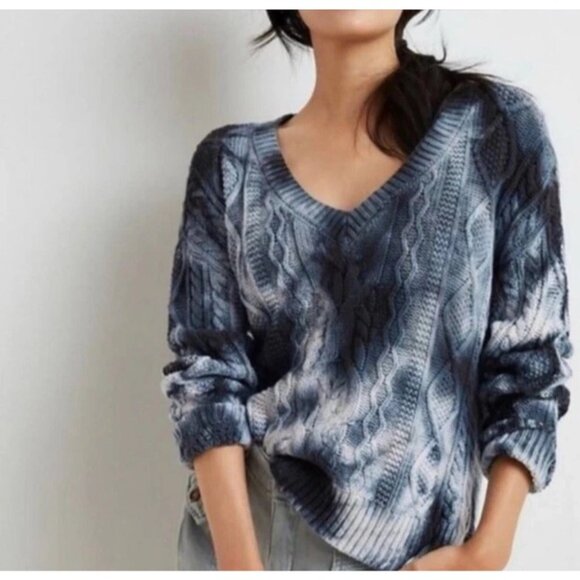 Anthropologie Sweaters - Anthropologie Pilcro Joni Tie-Dye Chunky Cable Knit Sweater Navy Blue White XS